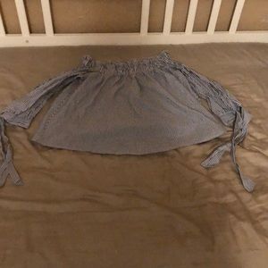 Grey and white striped off the shoulder.